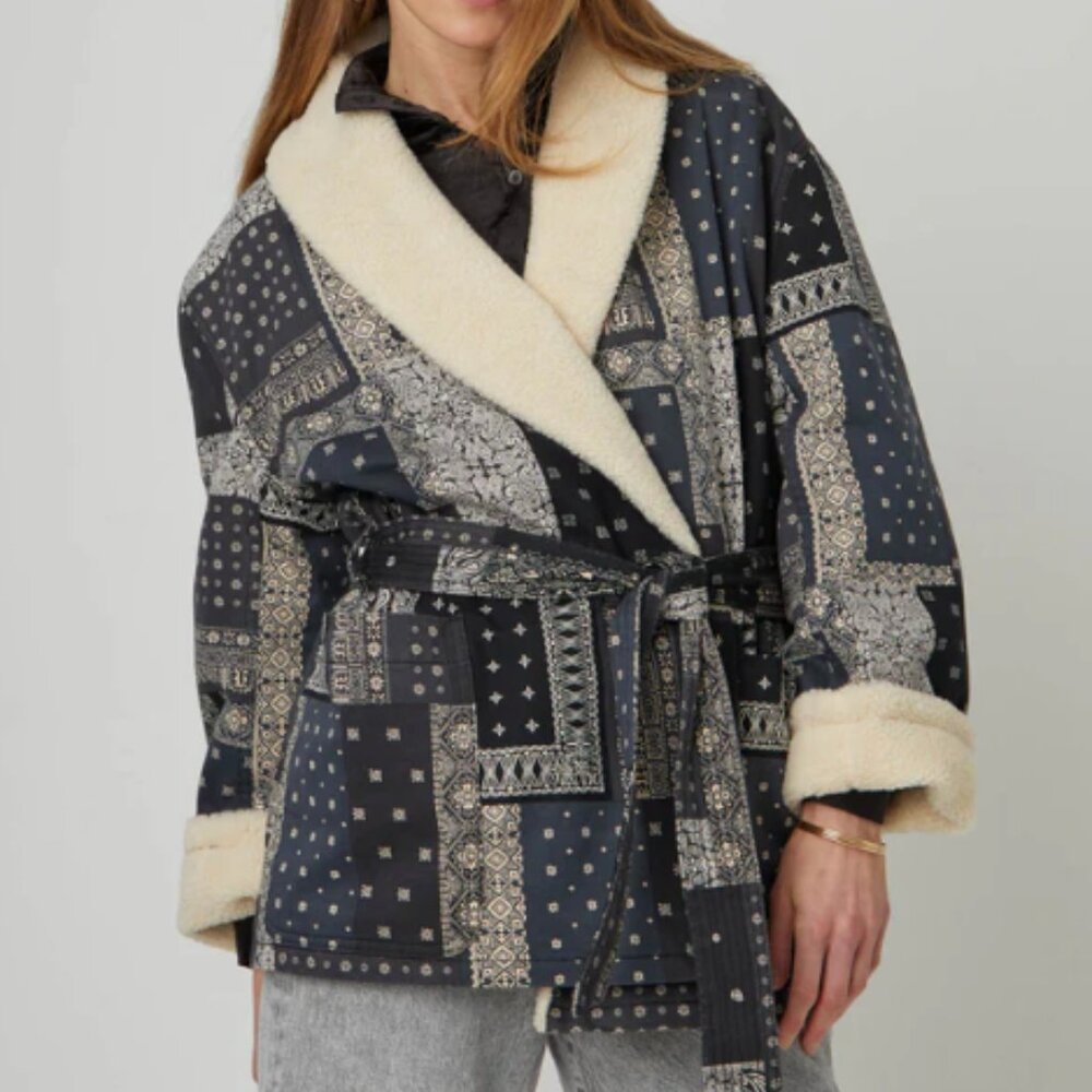 OVERLOVER West Bandana Sherpa Jacket Blue, Large NWT